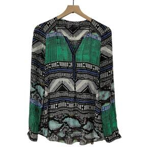 Hale Bob Long Sleeve Pop Over Top - Green Multi - Medium